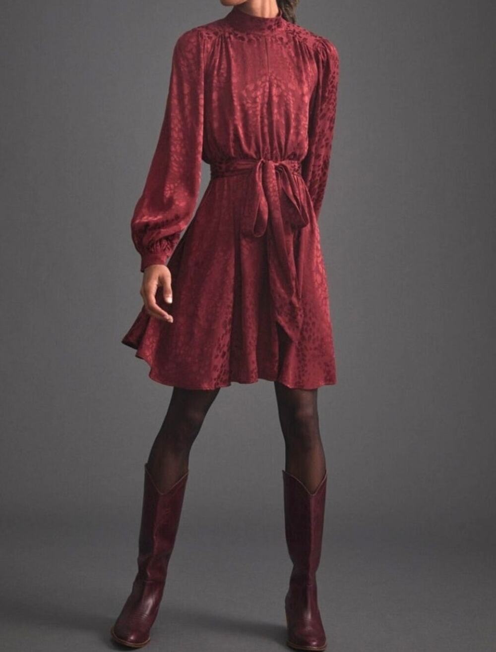 Anthropologie Jacquard Leopard Dress Burgundy Open Back Tie Waist Womens S Party
